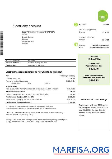 Realistic Australia Tru Energy electricity business utility bill template in Word and PDF format